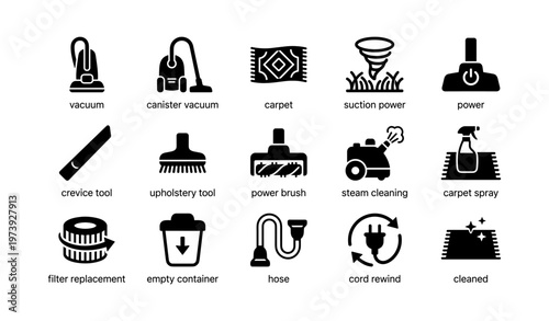 Vacuum cleaner icons: tools, power features, cleaning accessories guide