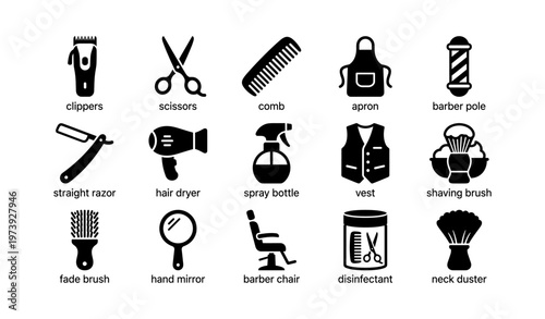 Barber shop tools: clippers, scissors, comb, apron, more icons