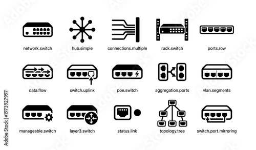 Network equipment icons: switch, hub, rack, and connectivity symbols