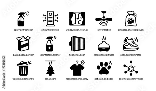 Icons of air freshener, purifier systems, and odor control products