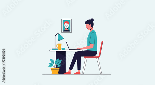 Woman working on laptop at desk illustration.