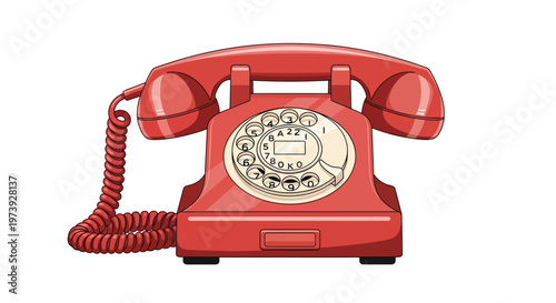 Vintage Red Rotary Telephone with Cord.