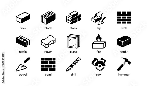 Construction tools and materials icons: brick, block, trowel, drill, hammer