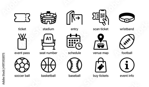 Sports event icons: ticket, entry, seating, schedule, venue map, and more