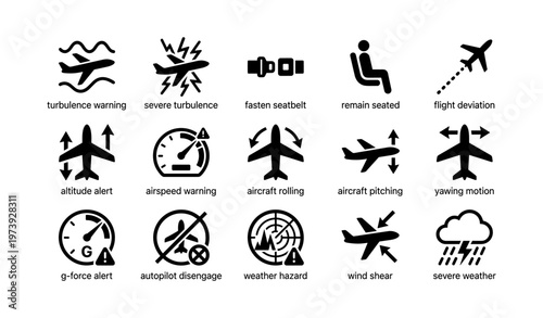 Airplane safety and weather hazard icons with alerts and warnings