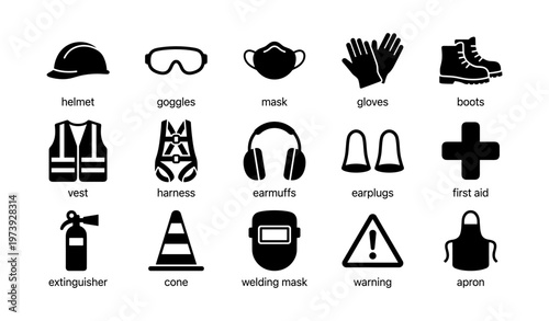 Safety equipment icons: helmet, goggles, mask, gloves, boots, and more