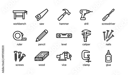 Collection of hand tools and equipment icons for carpentry and diy projects
