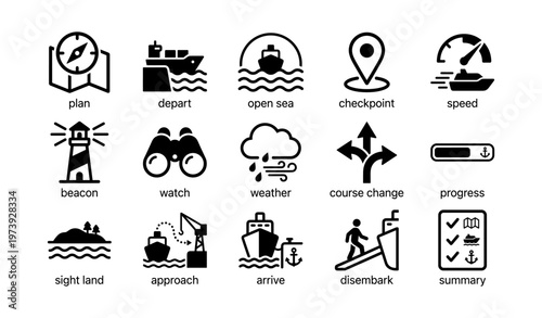 Nautical navigation and journey icons including compass, lighthouse, and ships