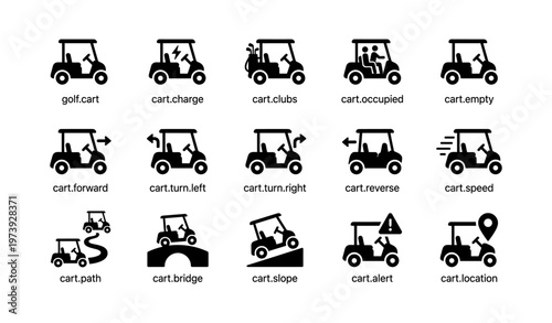 Golf cart icon set: charge, path, turn, speed, alert, location