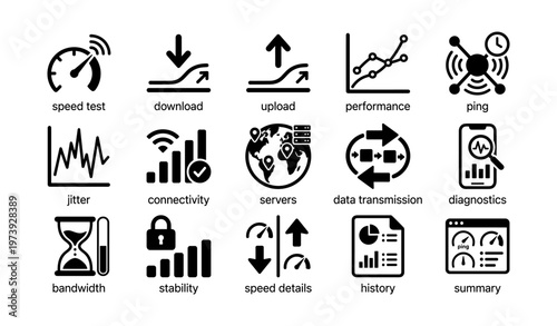 Internet connection icons: speed, stability, performance and data transmission