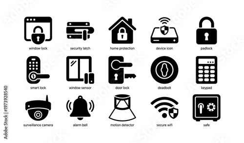 Home security icons: locks, protection, and surveillance devices