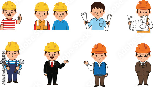 Construction Worker and Engineer Cartoon Character Vector Set with Different Professions and Poses Building Industry Collection Isolated on White Background