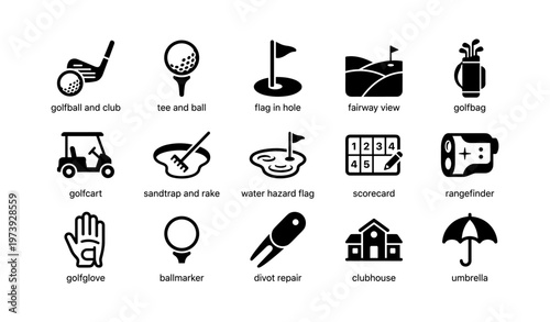 Golf icons set featuring clubs, balls, carts, and course elements for enthusiasts