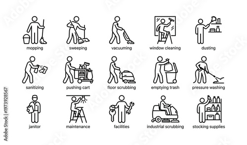 Stick figure icons depicting diverse cleaning and maintenance tasks
