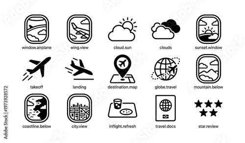 Icons of air travel: airplane, cloud, travel, globe, location