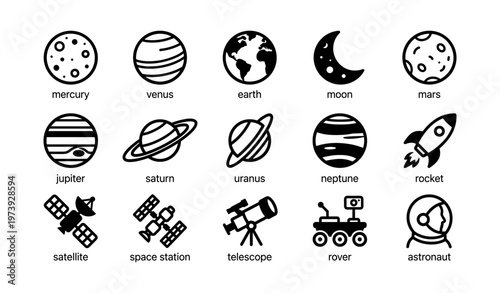 Solar system outline icons: planets, rocket, telescope, satellite, astronaut