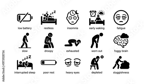 Symbols of fatigue and sleep deprivation: battery, brain, and rest icons