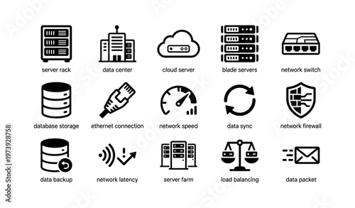 Data center icons: servers, cloud, network, backup, security