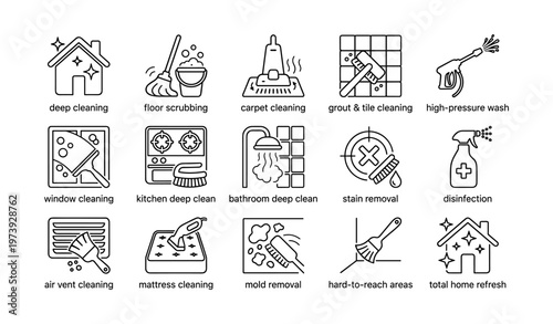 Home cleaning icons: deep cleaning, stain removal, disinfection, mold removal, grout cleaning