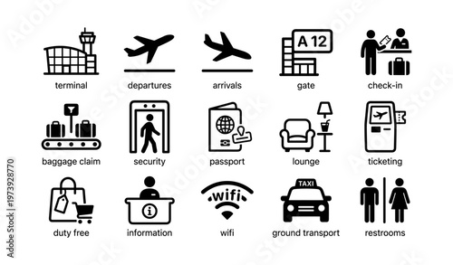 Airport icons set: arrivals, departures, security, lounge, wifi, taxi, gate a12