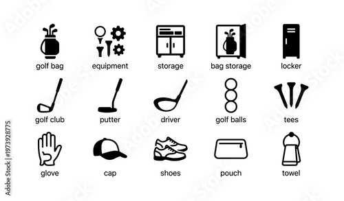 Set of golf equipment icons including bag, clubs, balls, tees, and accessories
