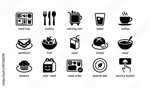 Icons of meal tray, cutlery, serving cart, coffee, and more