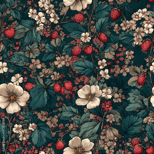 Dark background showcases strawberry plants