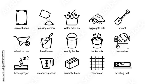 Construction tools and materials icons: cement, mixer, shovel, wheelbarrow