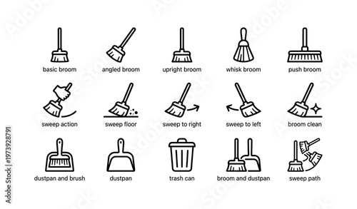 Broom and cleaning tool icons: basic, angled, upright, whisk, push, sweep, dustpan