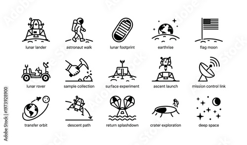 Astronaut icons: moon exploration, lunar rover, and space missions