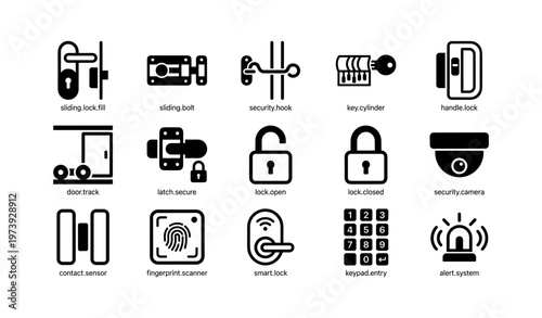 Security icons set featuring locks and security devices in black and white
