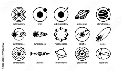 Set of celestial icons illustrating solar system phenomena and orbital patterns