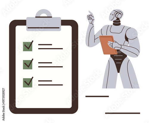 Automation, task completion, AI efficiency, operational planning, digital transformation, productivity tools. Robot pointing at clipboard with a checklist. Automation and task completion concepts