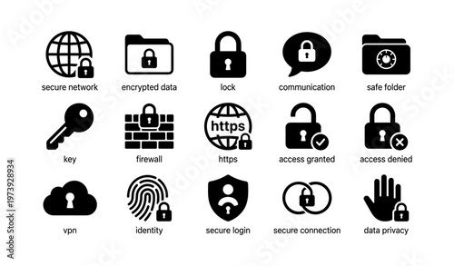 Secure icons: network, data, lock, communication, privacy symbols