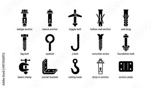 Various types of anchors and fasteners for construction projects