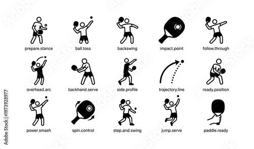 Stick figure table tennis techniques and movements in icon set