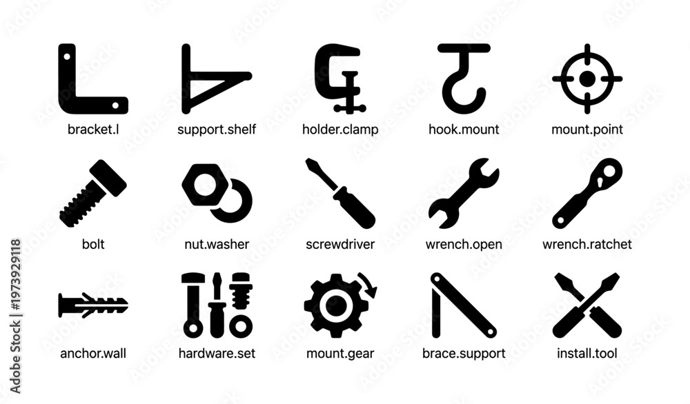 Fototapeta premium Hardware icons set: bracket, clamp, hook, bolt, screwdriver, wrench, gear