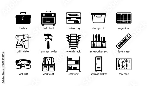 Toolbox and equipment icons: wrench, drill, screwdriver, storage, organizer