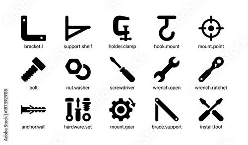 Hardware icons set: bracket, clamp, hook, bolt, screwdriver, wrench, gear