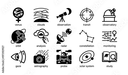 Astronomy icons set: planets, telescopes, radar, and constellations