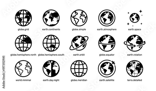 Collection of earth globe icons featuring grid, simple, orbit, hemisphere, and meridian designs