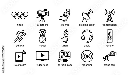 Broadcast icons including tv camera, live mic, medal, torch, and audio headphones in black and white