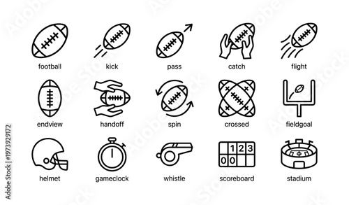 American football icon set featuring helmets, balls, and game elements