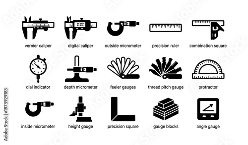 Precision measuring tools: calipers, micrometers, gauges, squares, protractors, rulers