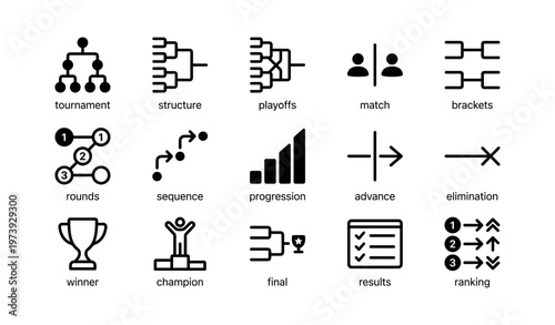 Tournament icons set: structure, playoffs, match, brackets, progression