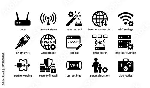 Internet network icon set: router, vpn, security, and configuration tools
