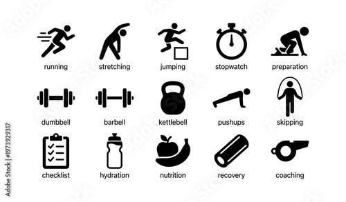 Icons of fitness activities including running, stretching, jumping, and equipment