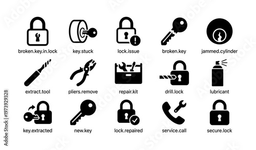 Lock and key troubleshooting icons for repair and maintenance solutions