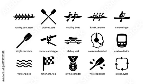 Rowing icons set featuring oars, boats, medals, and water elements