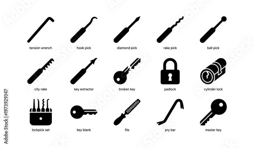 Lockpicking tools set with keys and lock for security solutions